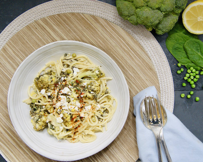 Spaghetti aux 3 légumes verts, sauce mascarpone au citron