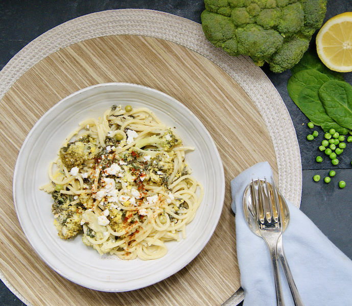 Spaghetti aux 3 légumes verts, sauce mascarpone au citron