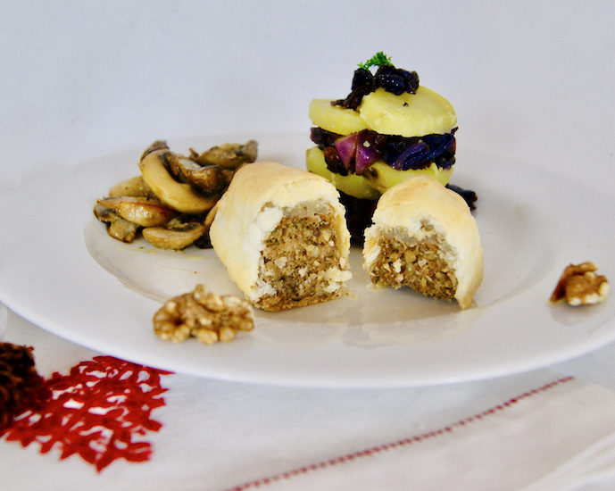 Petits rôtis de noix feuilletés, pinky potatoes et poêlée de champignons