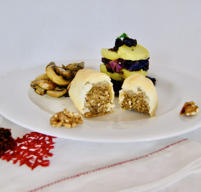 Petits rôtis de noix feuilletés, pinky potatoes et poêlée de champignons