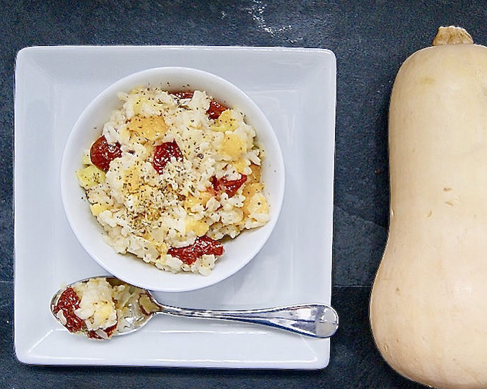 Risotto au potiron, poireaux et tomates séchées