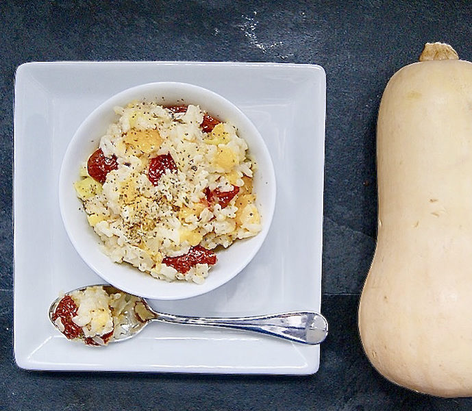 Risotto au potiron, poireaux et tomates séchées