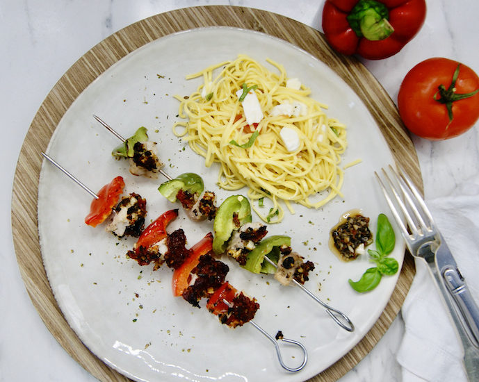 Brochettes de porc olives-tomates séchées