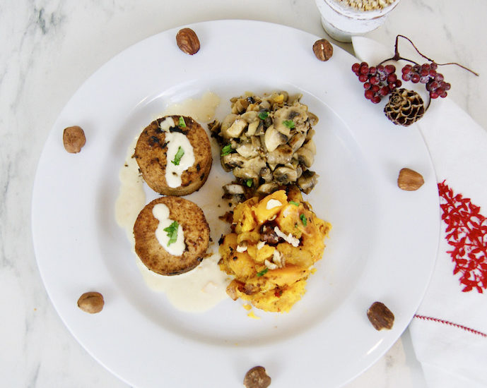 Médaillons de tofu mariné, champignons et potimarron
