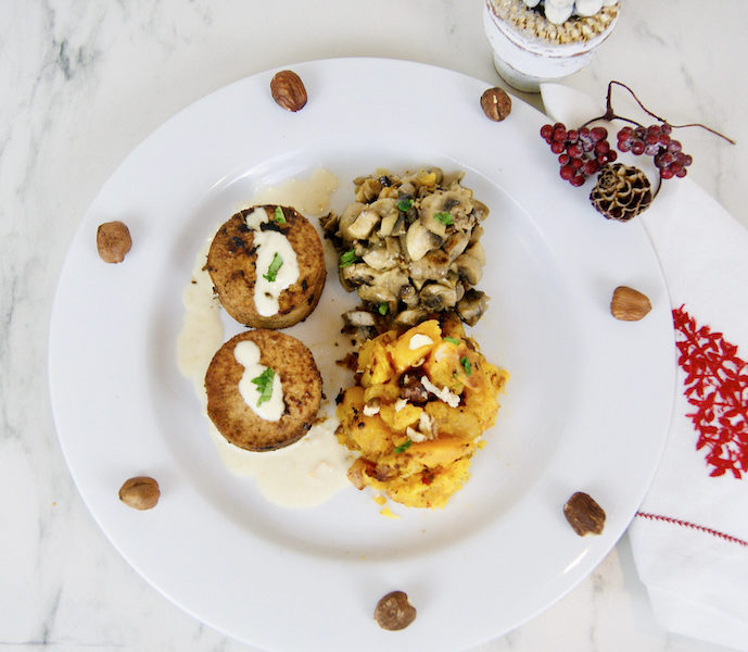 Médaillons de tofu mariné, champignons et potimarron