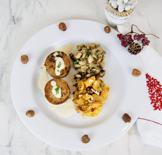 Médaillons de tofu mariné, champignons et potimarron