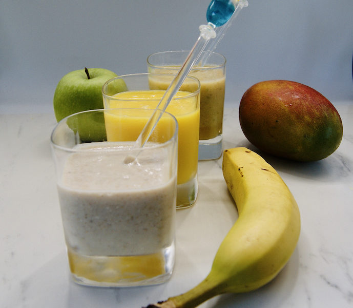3 smoothies: pomme-mangue-banane