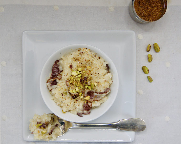 Risotto au magret de canard séché et éclats de pistache
