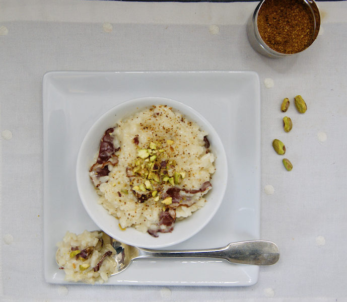 Risotto au magret de canard séché et éclats de pistache