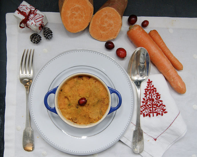 Hachis parmentier de patates douces, lentilles et airelles