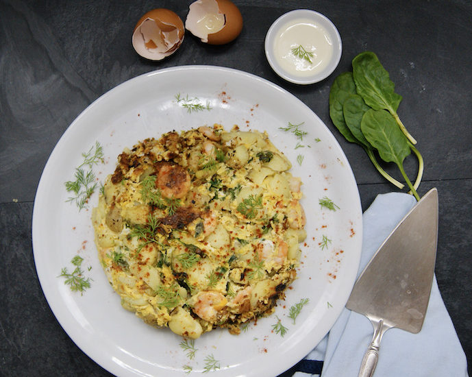 Tortilla aux crevettes et aux épinards