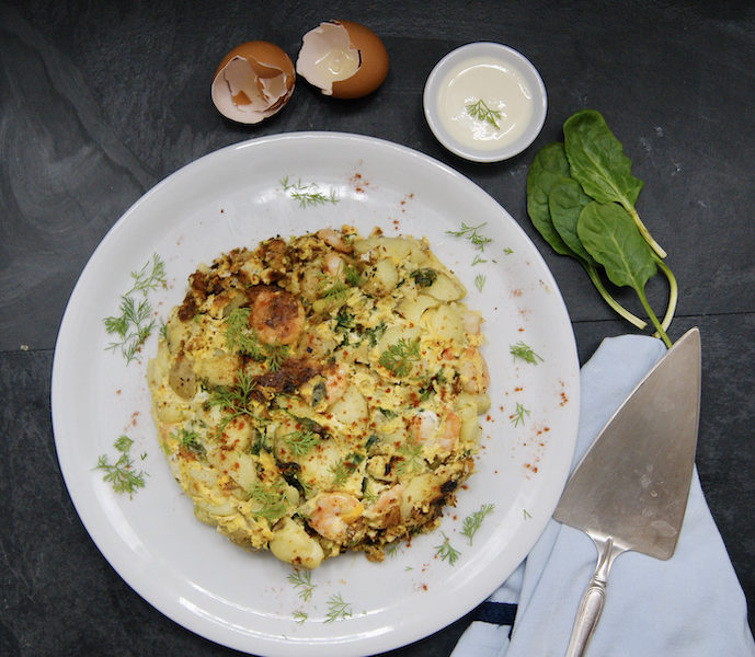 Tortilla aux crevettes et aux épinards