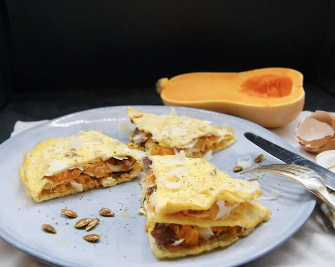 Tarte d’omelette, potiron et lard