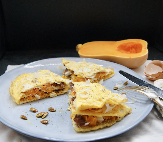 Tarte d’omelette, potiron et lard