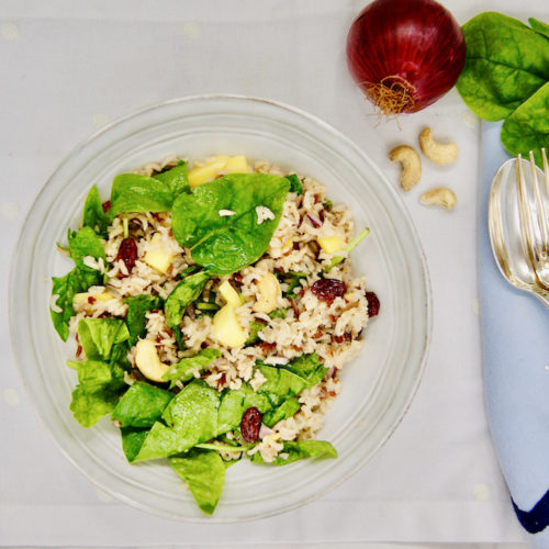 Salade d&rsquo;automne au riz sauvage, épinards, sauce citron