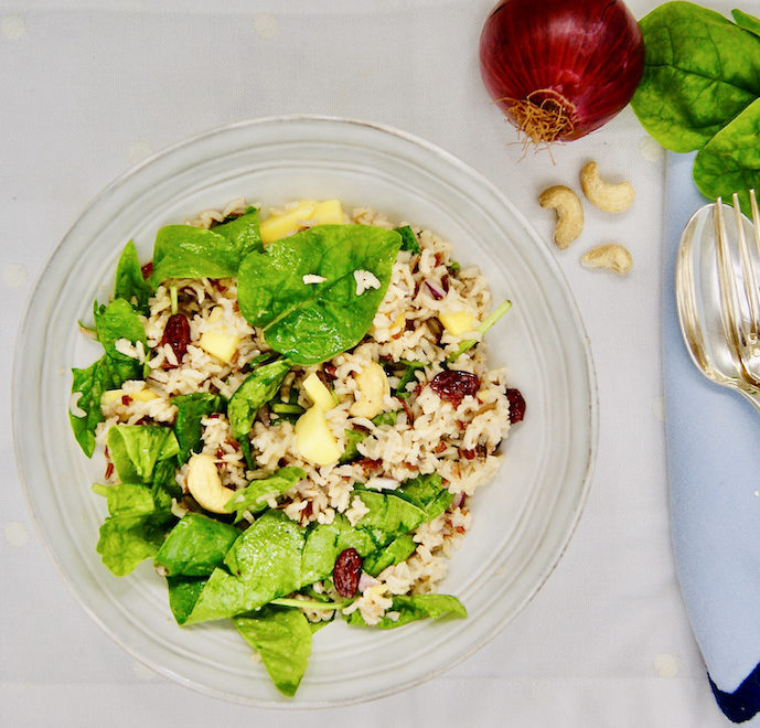 Salade d&rsquo;automne au riz sauvage, épinards, sauce citron