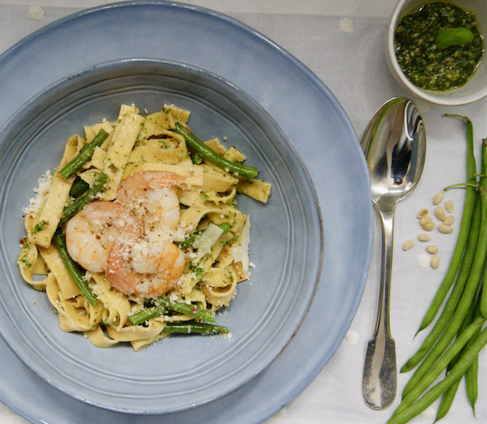Pâtes aux crevettes et haricots verts