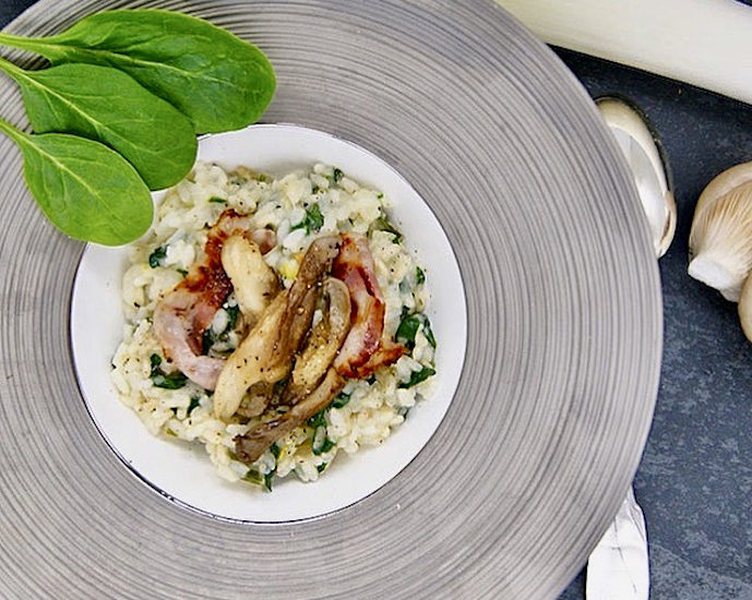 Risotto aux poireaux, pleurotes et lard