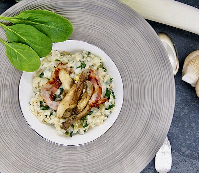 Risotto aux poireaux, pleurotes et lard