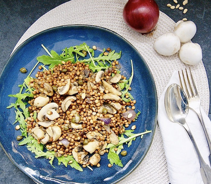 Lentilles aux champignons et oignons caramélisés