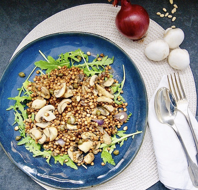 Lentilles aux champignons et oignons caramélisés