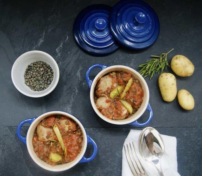 Saucisses de veau, potée de lentilles et pommes de terre