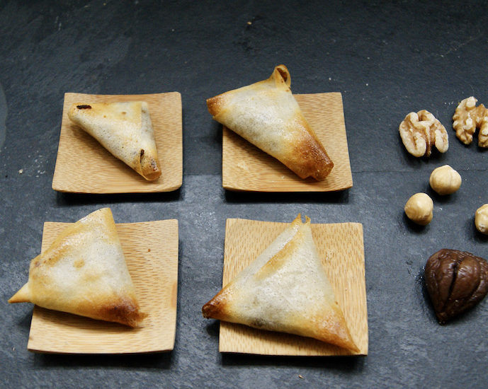 Triangles farcis de marrons, noix et vanille