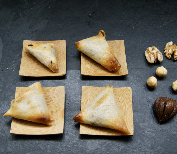 Triangles farcis de marrons, noix et vanille