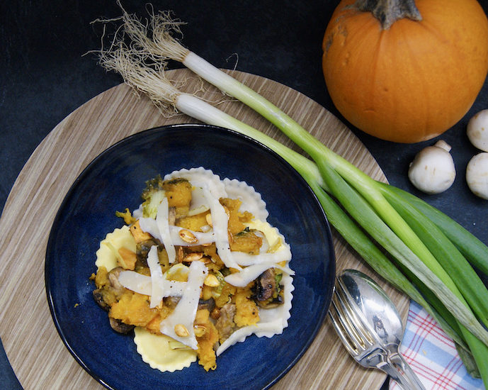 Ravioli au potiron et champignons grillés