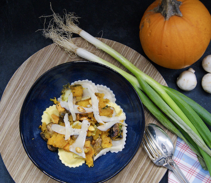 Ravioli au potiron et champignons grillés