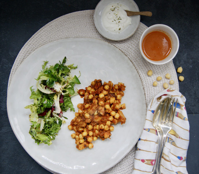 Poêlée de tofu aux pois chiches, sauce aux tomates séchées